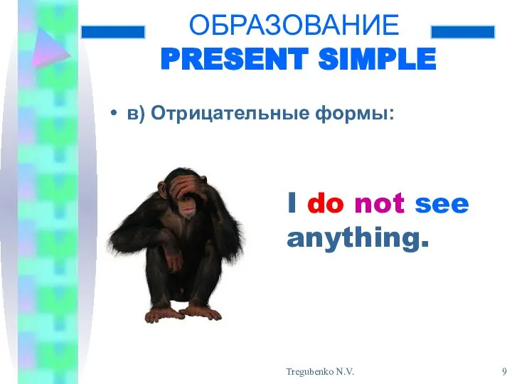 Tregubenko N.V. ОБРАЗОВАНИЕ PRESENT SIMPLE в) Отрицательные формы: - - I do not see anything.