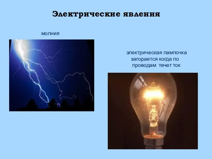 Электрические явления молния электрическая лампочка загорается когда по проводам течет ток