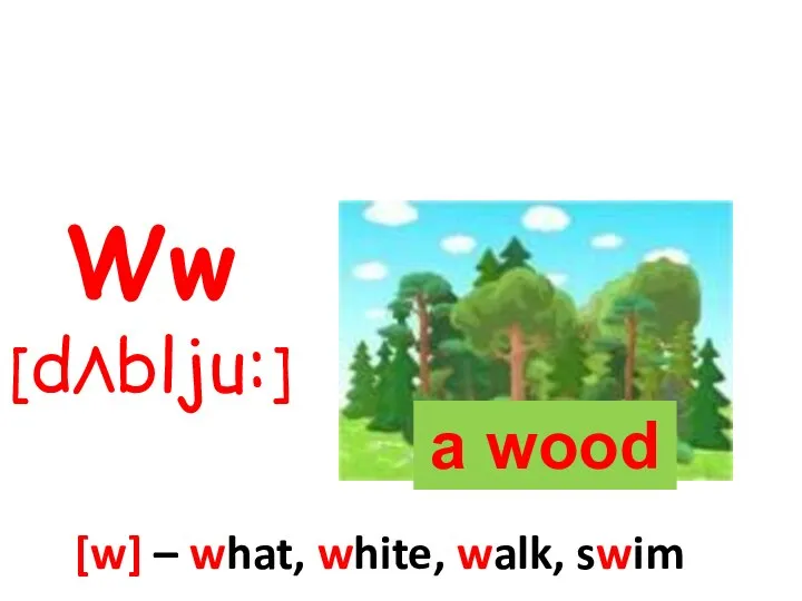[w] – what, white, walk, swim a wood Ww [dΛblju:]