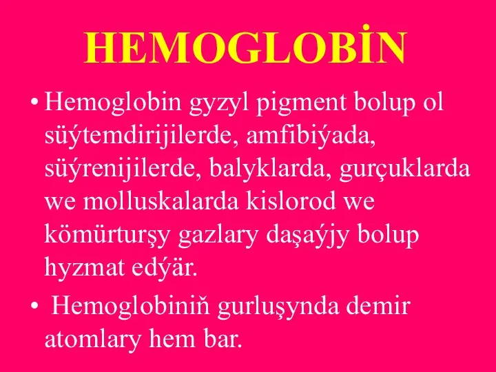 HEMOGLOBİN Hemoglobin gyzyl pigment bolup ol süýtemdirijilerde, amfibiýada, süýrenijilerde, balyklarda, gurçuklarda we