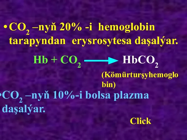 CO2 –nyň 20% -i hemoglobin tarapyndan erysrosytesa daşalýar. Hb + CO2 HbCO2