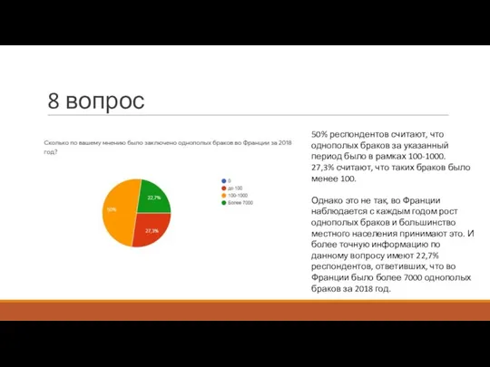 8 вопрос 50% респондентов считают, что однополых браков за указанный период было