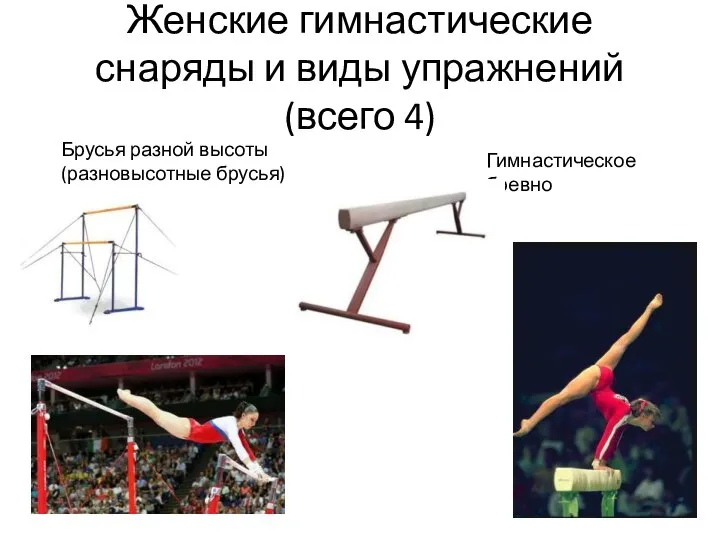 Женские гимнастические снаряды и виды упражнений (всего 4) Гимнастическое бревно Брусья разной высоты (разновысотные брусья)