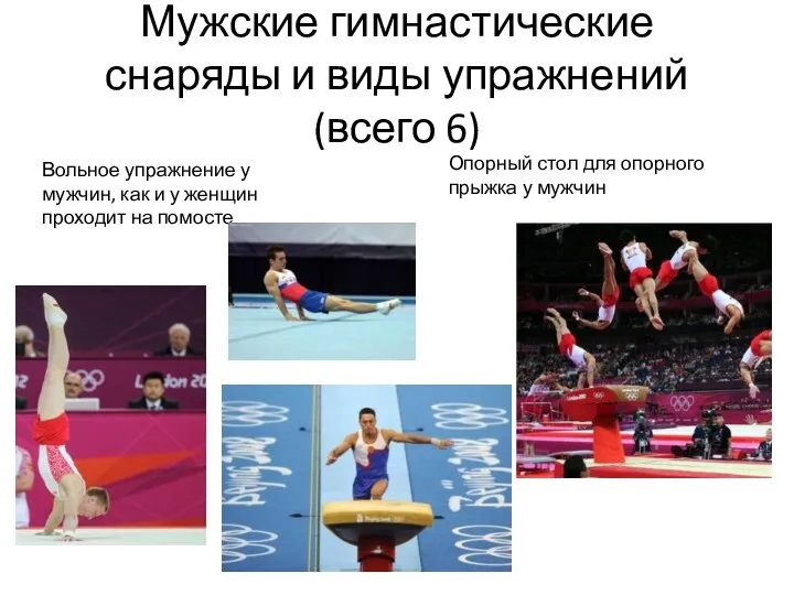 Мужские гимнастические снаряды и виды упражнений (всего 6) Вольное упражнение у мужчин,