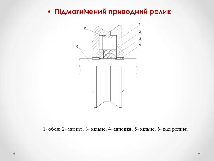 Підмагнічений приводний ролик 1- обод; 2- магніт; 3- кільце; 4- шпонка; 5- кільце; 6- вал ролика