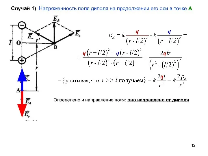 Случай 1) Напряженность поля диполя на продолжении его оси в точке А