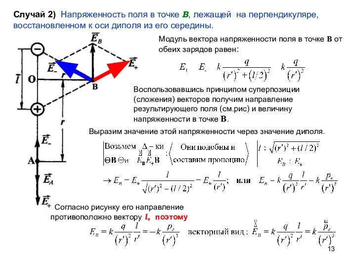 Случай 2) Напряженность поля в точке В, лежащей на перпендикуляре, восстановленном к