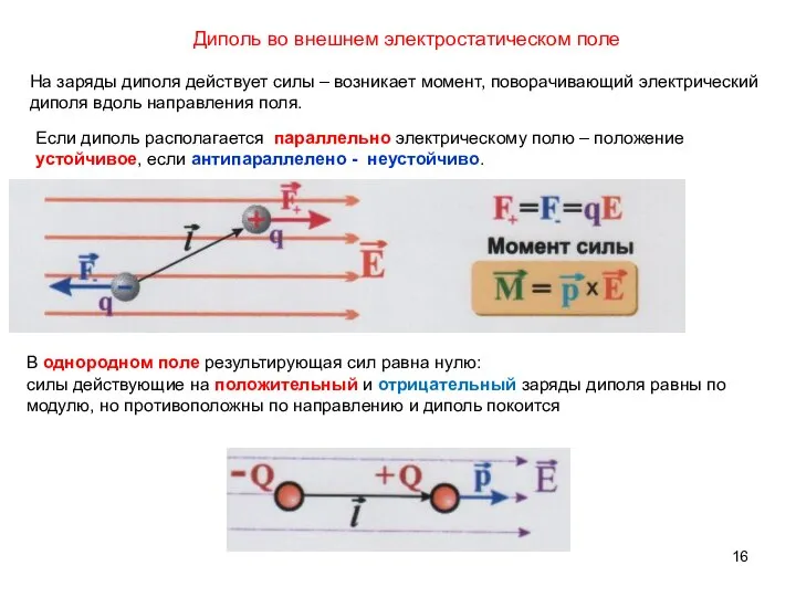 Диполь во внешнем электростатическом поле В однородном поле результирующая сил равна нулю: