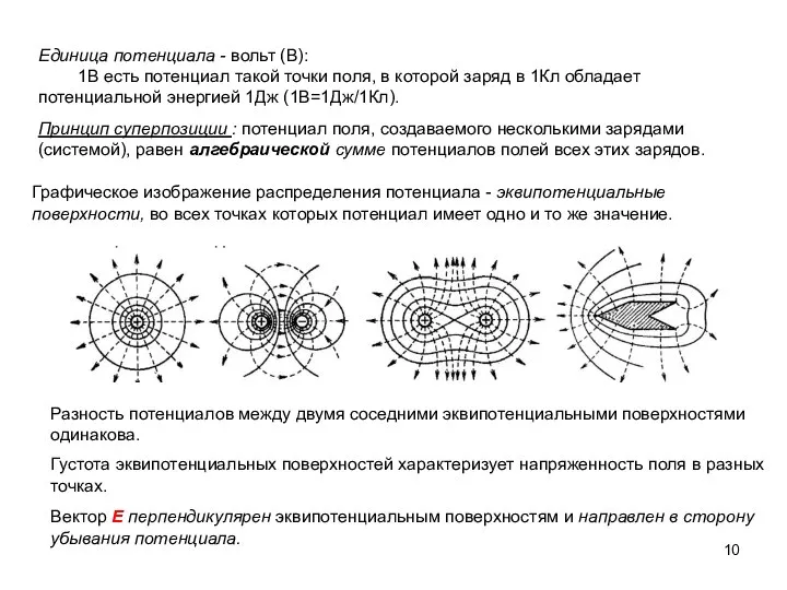 Единица потенциала - вольт (В): 1В есть потенциал такой точки поля, в