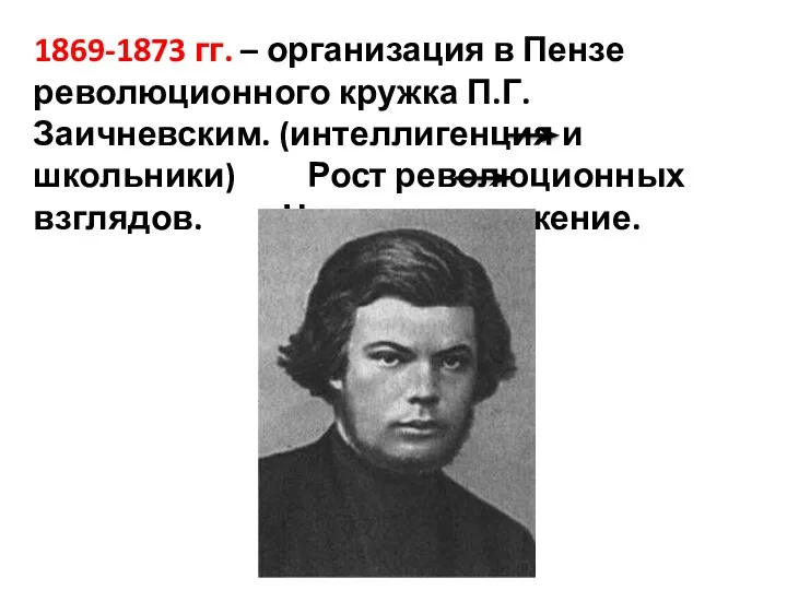 1869-1873 гг. – организация в Пензе революционного кружка П.Г. Заичневским. (интеллигенция и