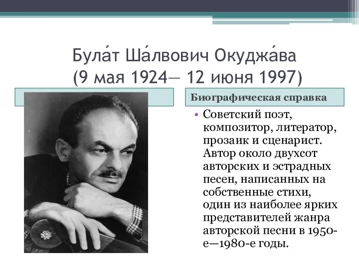 Була́т Ша́лвович Окуджа́ва (9 мая 1924— 12 июня 1997) Биографическая справка Советский