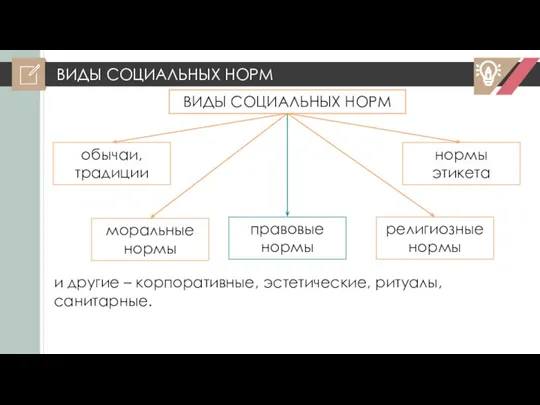 ВИДЫ СОЦИАЛЬНЫХ НОРМ ВИДЫ СОЦИАЛЬНЫХ НОРМ обычаи, традиции моральные нормы правовые нормы