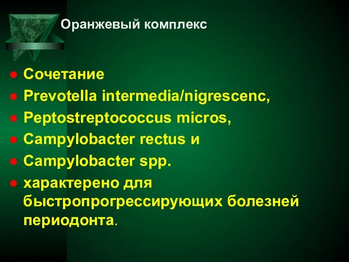 Оранжевый комплекс Сочетание Prevotella intermedia/nigrescenc, Peptostreptococcus micros, Campylobacter rectus и Campylobacter spp.