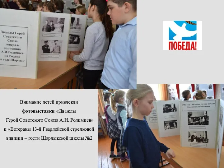 Внимание детей привлекли фотовыставки «Дважды Герой Советского Союза А.И. Родимцев» и «Ветераны