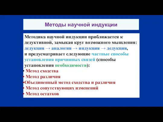 Методы научной индукции Методика научной индукции приближается к дедуктивной, замыкая круг возможного