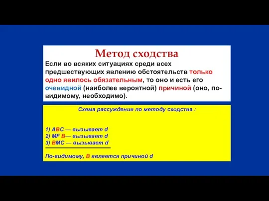 Метод сходства Если во всяких ситуациях среди всех предшествующих явлению обстоятельств только