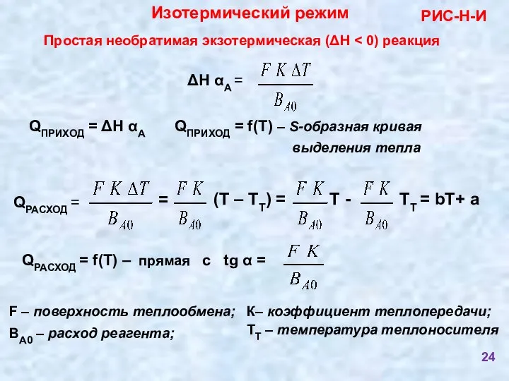 Изотермический режим Простая необратимая экзотермическая (ΔН РИС-Н-И QПРИХОД = ΔН αА QПРИХОД