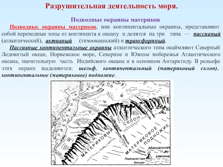 Разрушительная деятельность моря. Подводные окраины материков Подводные окраины материков, или континентальные окраины,