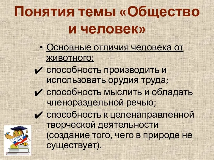 Понятия темы «Общество и человек» Основные отличия человека от животного: способность производить