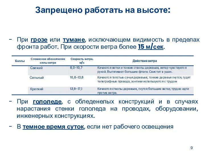 Запрещено работать на высоте: При грозе или тумане, исключающем видимость в пределах