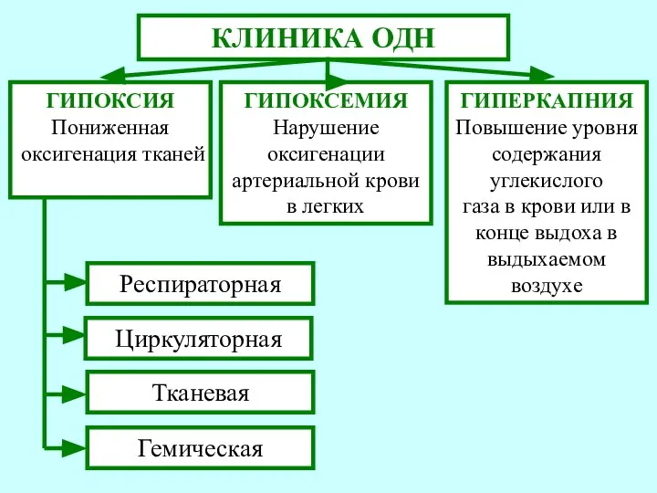 КЛИНИКА ОДН ГИПОКСИЯ Пониженная оксигенация тканей ГИПОКСЕМИЯ Нарушение оксигенации артериальной крови в