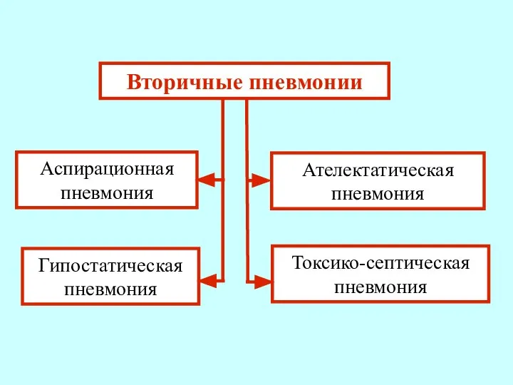 Вторичные пневмонии Аспирационная пневмония Гипостатическая пневмония Ателектатическая пневмония Токсико-септическая пневмония