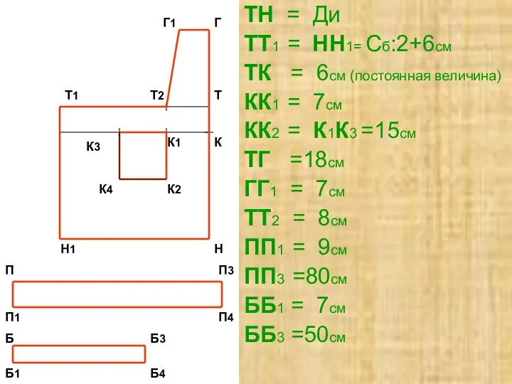 ТН = Ди ТТ1 = НН1= Сб:2+6см ТК = 6см (постоянная величина)