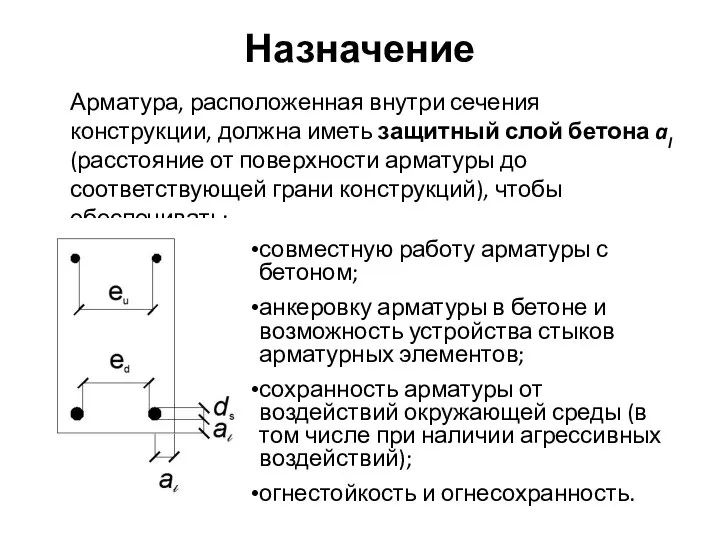 Назначение Арматура, расположенная внутри сечения конструкции, должна иметь защитный слой бетона al