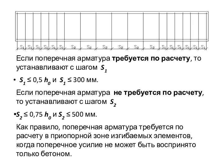 Если поперечная арматура требуется по расчету, то устанавливают с шагом S1 S1