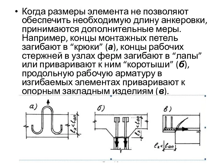 Когда размеры элемента не позволяют обеспечить необходимую длину анкеровки, принимаются дополнительные меры.