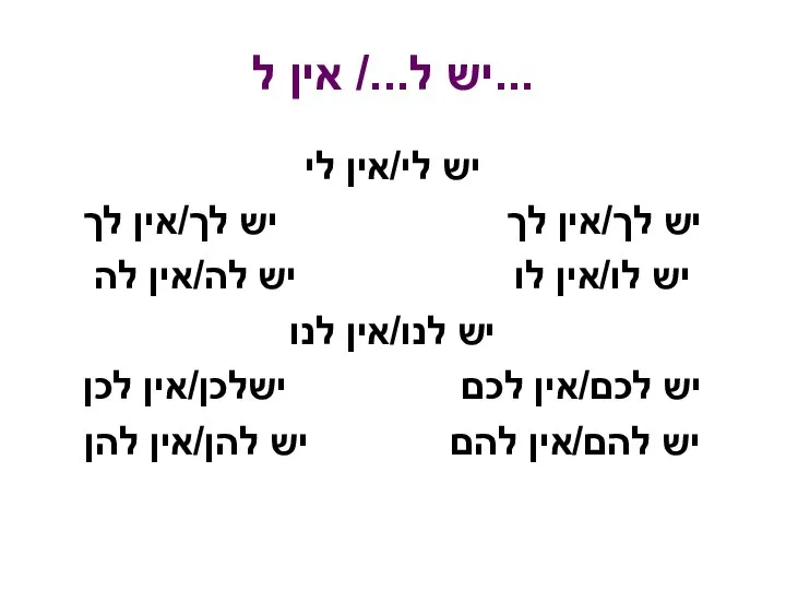 יש ל.../ אין ל... יש לי/אין לי יש לך/אין לך יש לך/אין