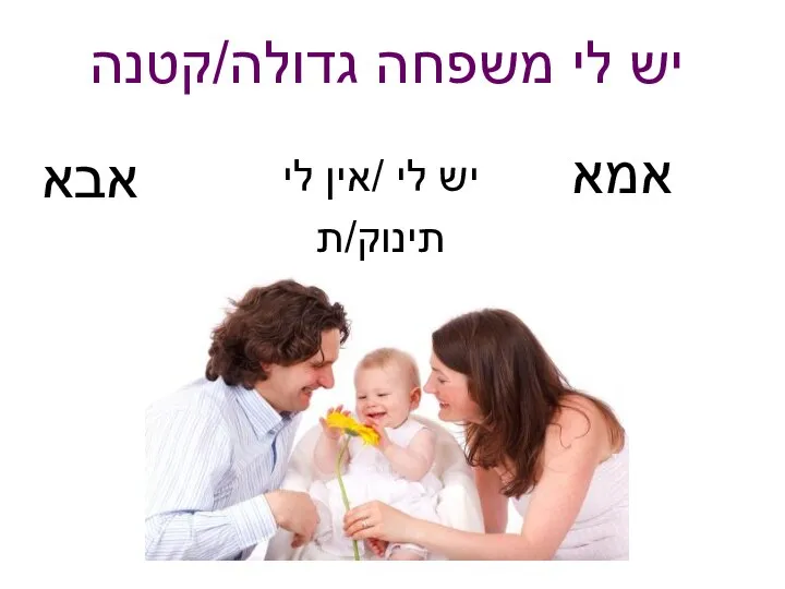 יש לי משפחה גדולה/קטנה יש לי /אין לי תינוק/ת אבא אמא