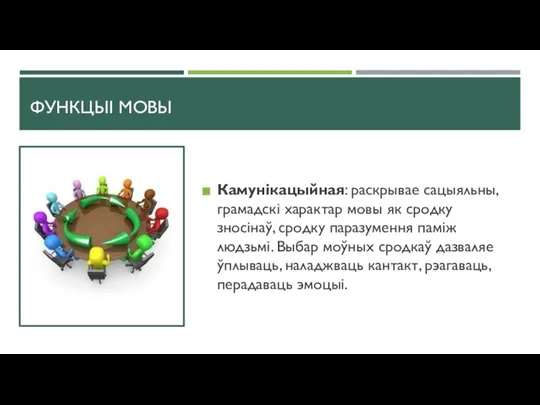 ФУНКЦЫІ МОВЫ Камунікацыйная: раскрывае сацыяльны, грамадскі характар мовы як сродку зносінаў, сродку