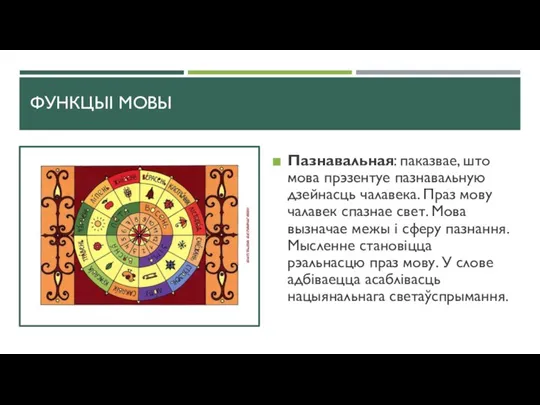 ФУНКЦЫІ МОВЫ Пазнавальная: паказвае, што мова прэзентуе пазнавальную дзейнасць чалавека. Праз мову