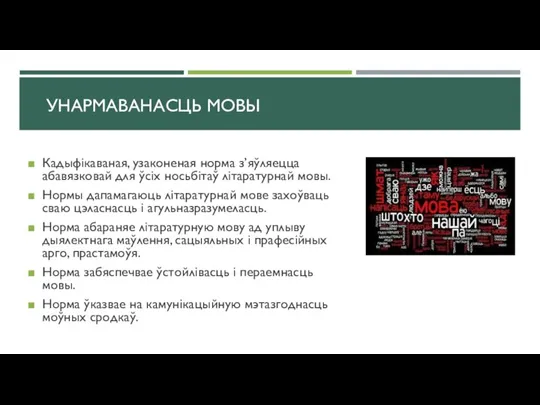 УНАРМАВАНАСЦЬ МОВЫ Кадыфікаваная, узаконеная норма з’яўляецца абавязковай для ўсіх носьбітаў літаратурнай мовы.