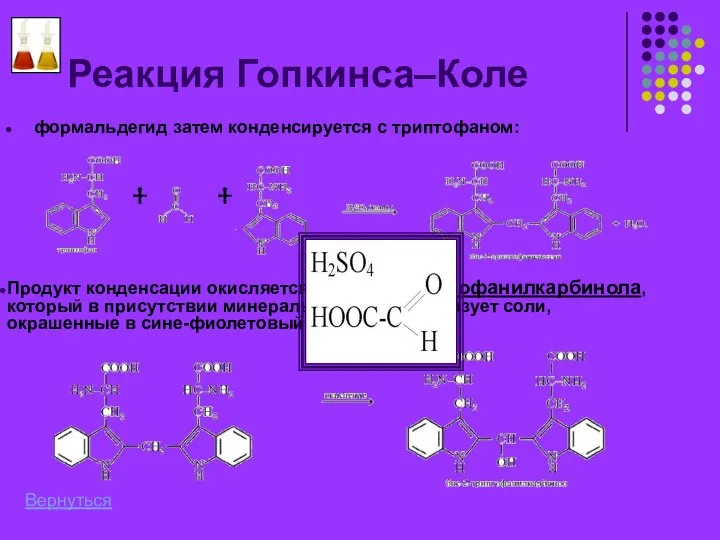 Реакция Гопкинса–Коле формальдегид затем конденсируется с триптофаном: Продукт конденсации окисляется до бис-2-триптофанилкарбинола,
