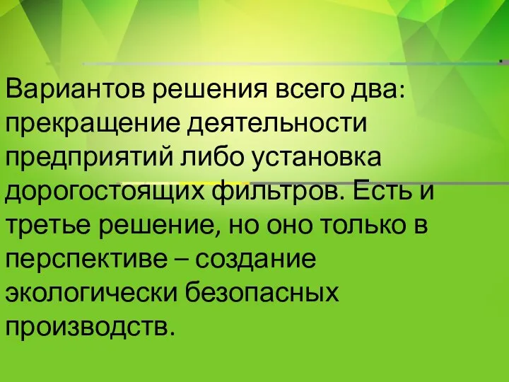 Вариантов решения всего два: прекращение деятельности предприятий либо установка дорогостоящих фильтров. Есть