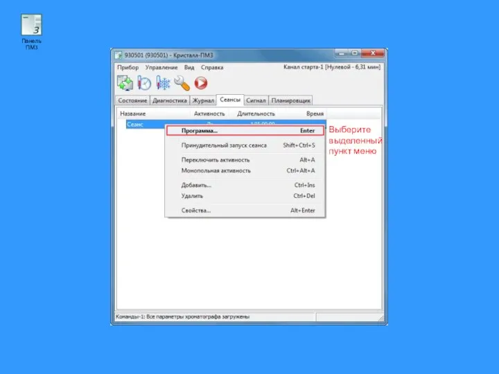 Выберите выделенный пункт меню Панель ПМ3
