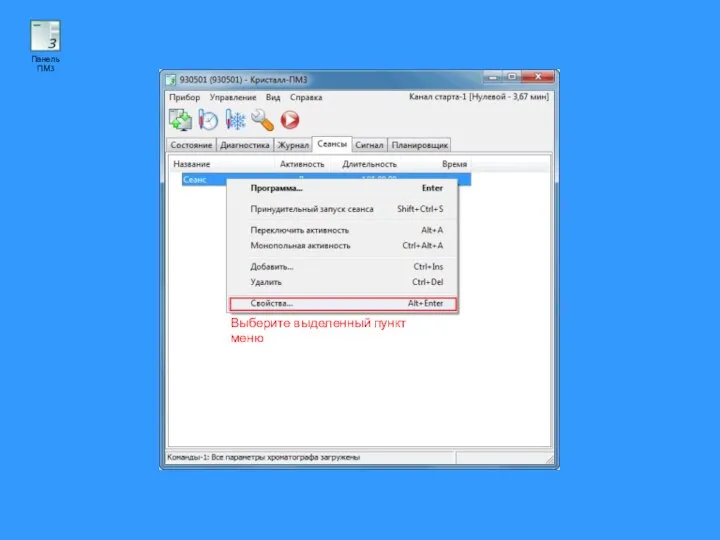 Выберите выделенный пункт меню Панель ПМ3