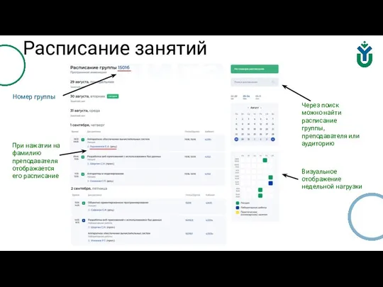 Визуальное отображение недельной нагрузки Номер группы При нажатии на фамилию преподавателя отображается