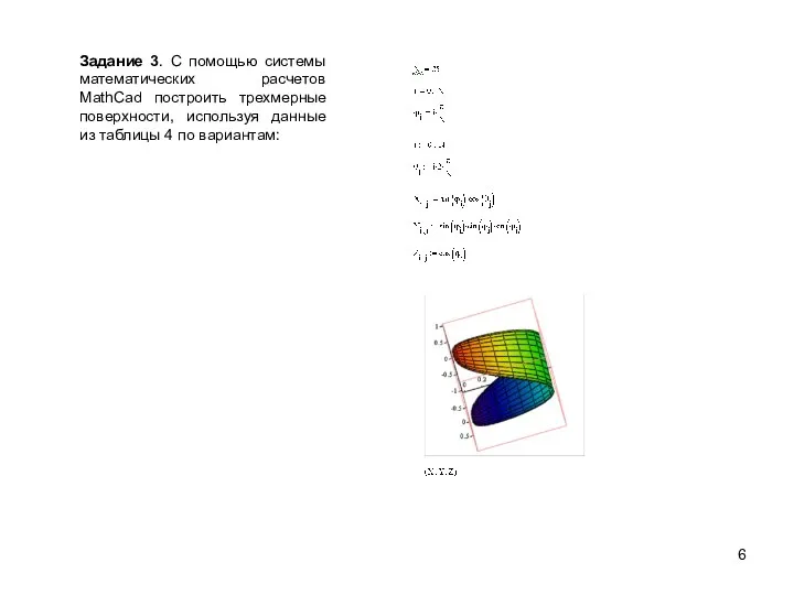 Задание 3. С помощью системы математических расчетов MathCad построить трехмерные поверхности, используя