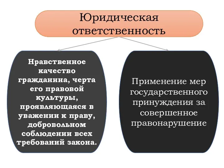 Юридическая ответственность Нравственное качество гражданина, черта его правовой культуры, проявляющаяся в уважении