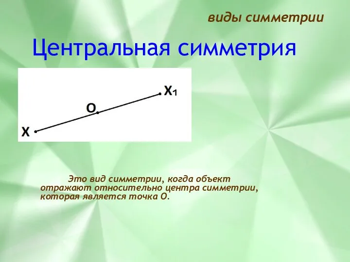 виды симметрии Центральная симметрия Это вид симметрии, когда объект отражают относительно центра