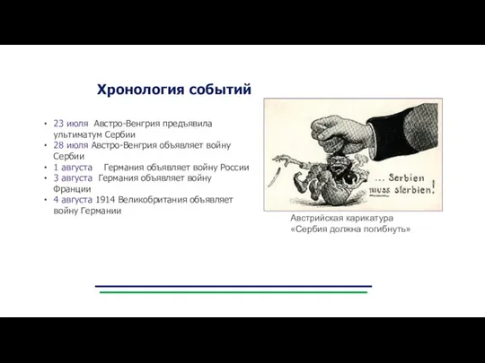 23 июля Австро-Венгрия предъявила ультиматум Сербии 28 июля Австро-Венгрия объявляет войну Сербии