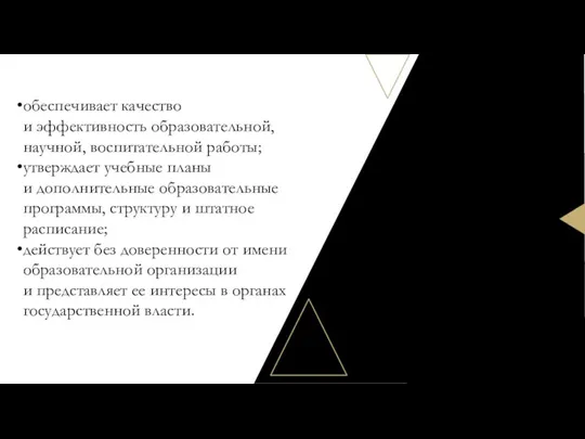 обеспечивает качество и эффективность образовательной, научной, воспитательной работы; утверждает учебные планы и