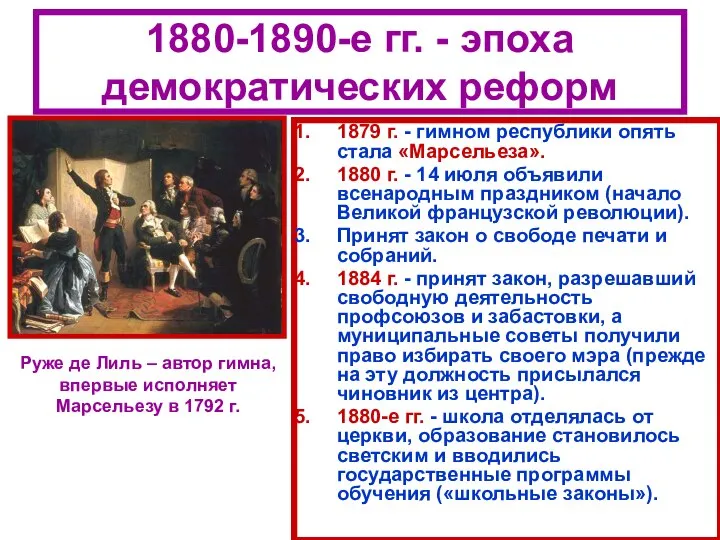 1880-1890-е гг. - эпоха демократических реформ 1879 г. - гимном республики опять