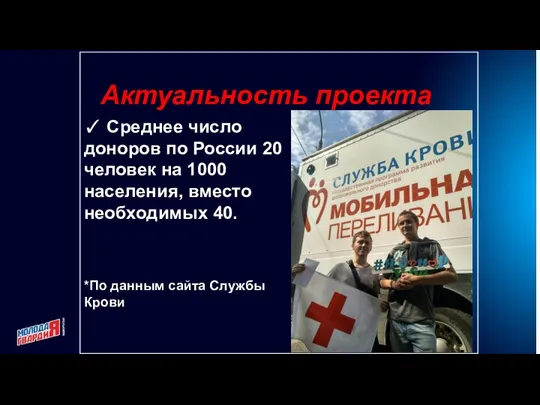 Актуальность проекта ✓ Среднее число доноров по России 20 человек на 1000