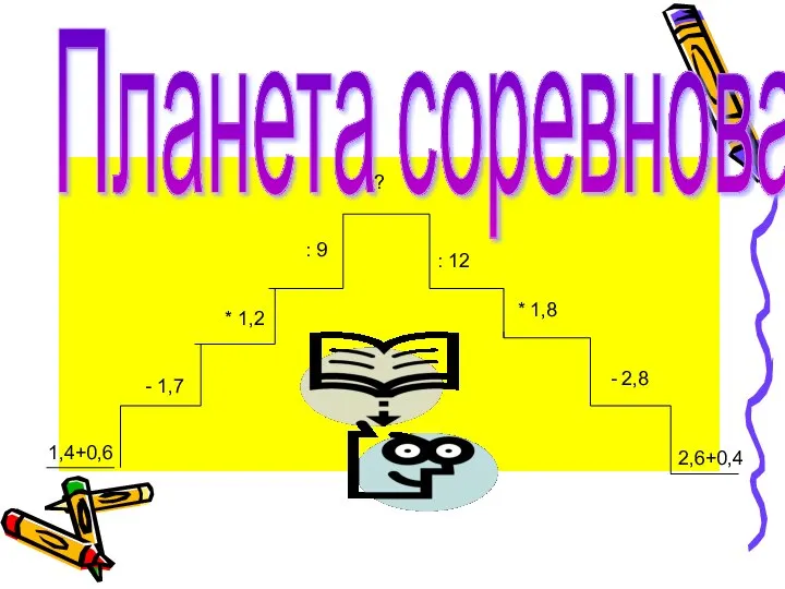 Планета соревнований 1,4+0,6 - 1,7 * 1,2 : 9 ? 2,6+0,4 -