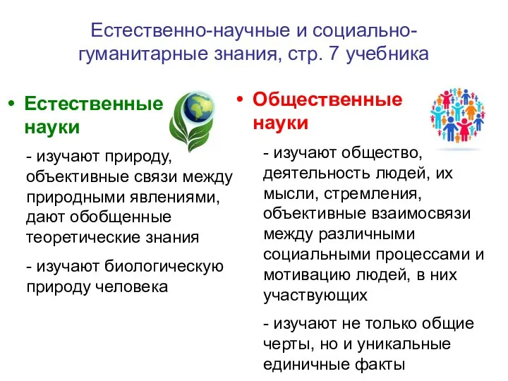 Естественно-научные и социально-гуманитарные знания, стр. 7 учебника Естественные науки Общественные науки -