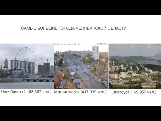 САМЫЕ БОЛЬШИЕ ГОРОДА ЧЕЛЯБИНСКОЙ ОБЛАСТИ Челябинск (1 183 387 чел.) Магнитогорск (417